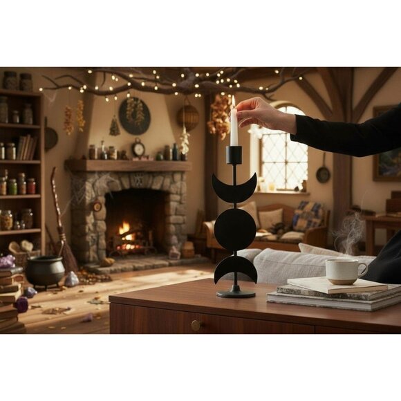 Triple Goddess Moon Metal Candle Holder Gothic 12in - Picture 2 of 9